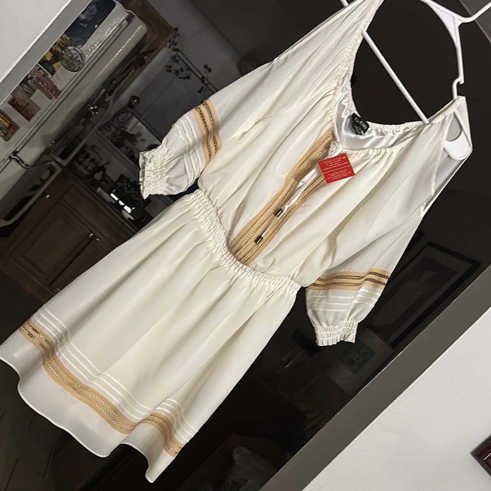 White and Tan Dress with Zipper Detail